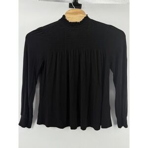 Cable & Gauge Blouse Large Black Smocked Yoke Long Sleeve Key Hole Stretch Top